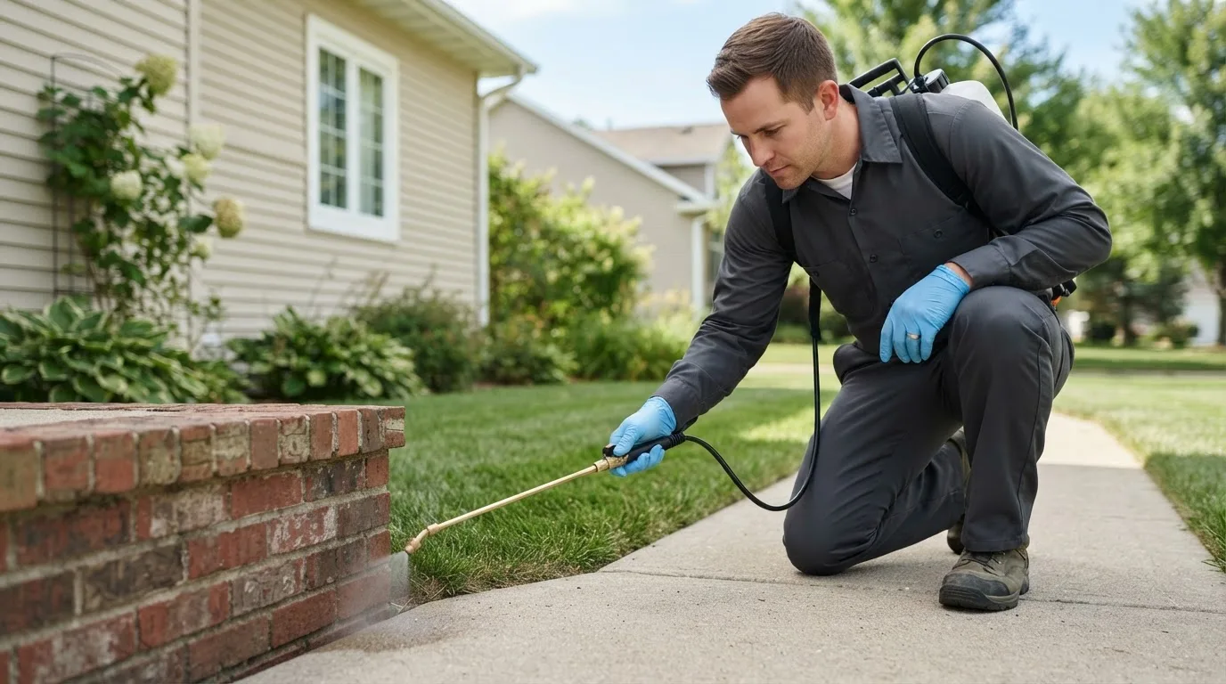 Pest control technician treating a home near Minto, AK